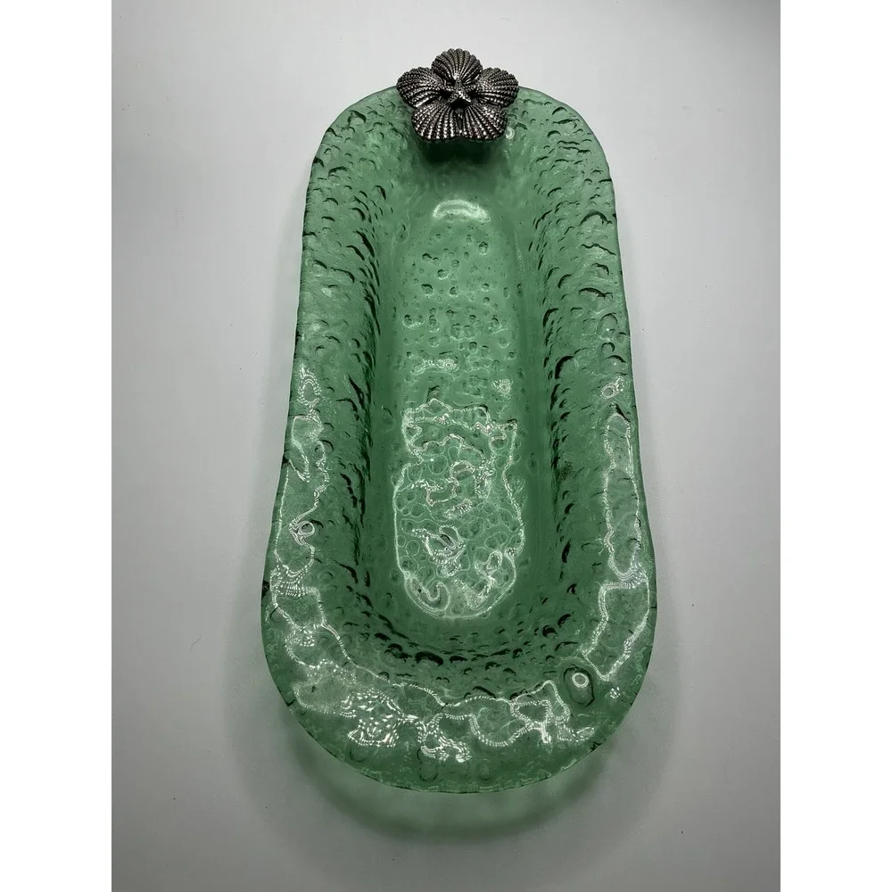 Vintage Green Bubble Oblong Glass Dish w/ Silver Starfish & Clams Emblem
